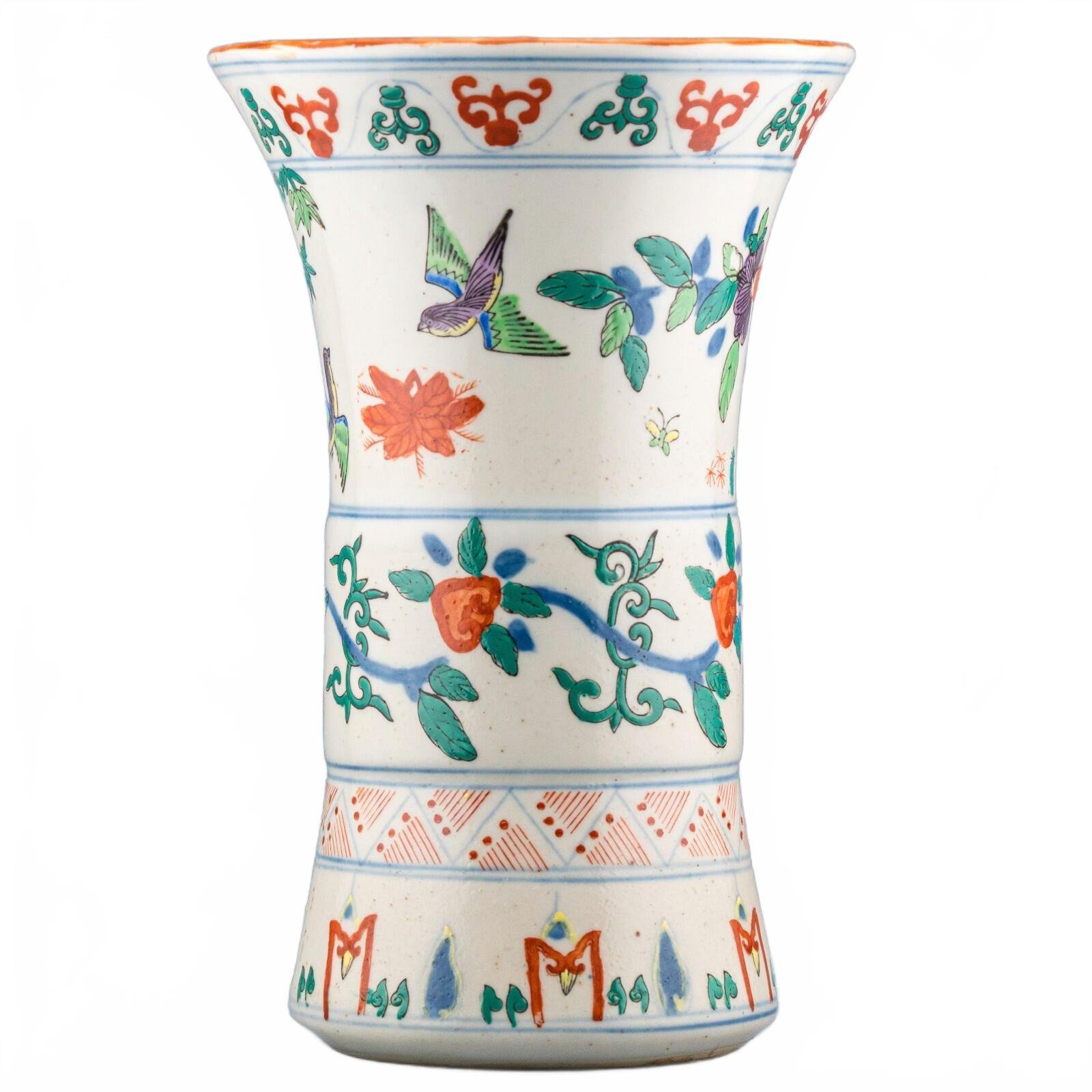 Chinese Wucai Porcelain Gu Vase Famille Verte Birds Later Mark 20th Century - Image 5