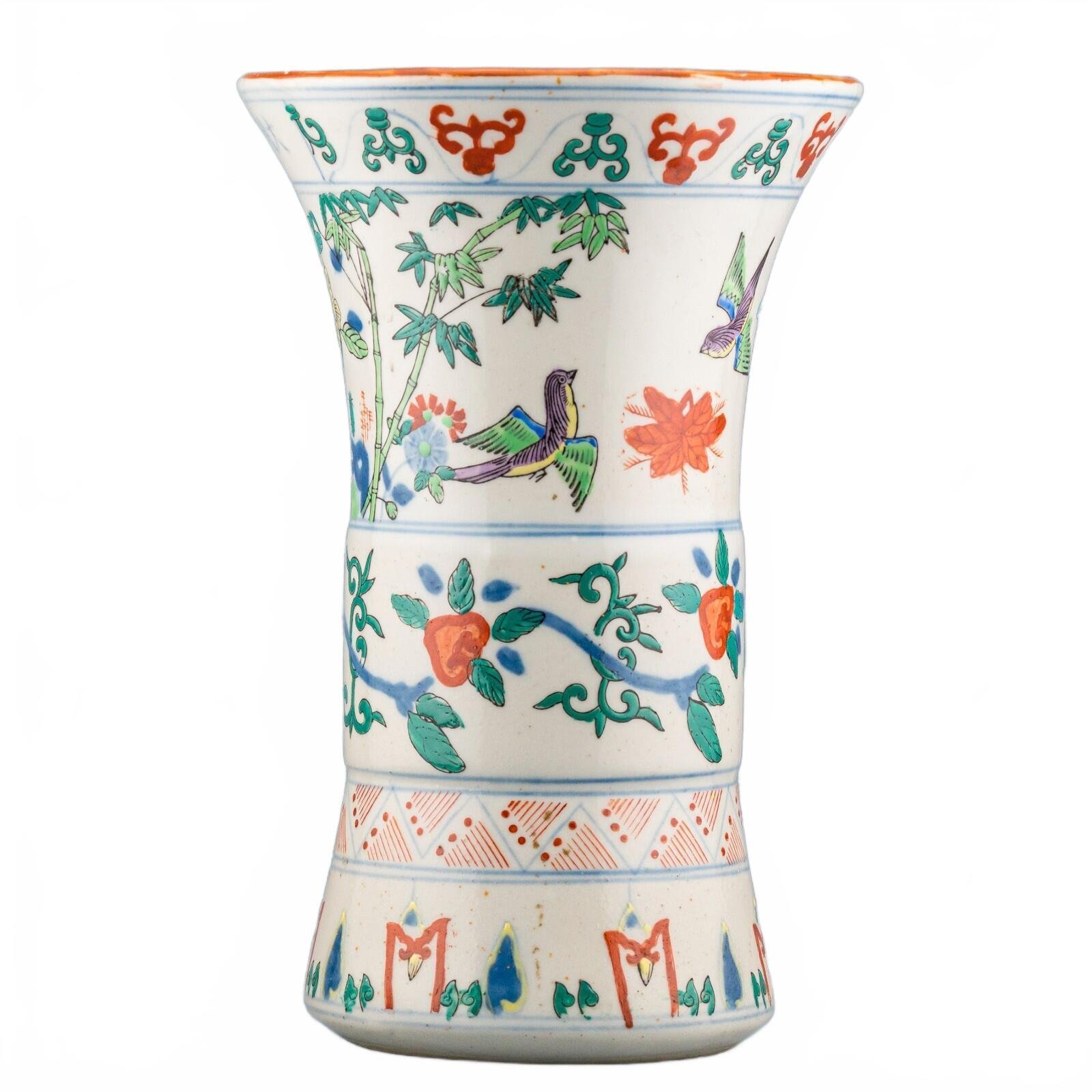 Chinese Wucai Porcelain Gu Vase Famille Verte Birds Later Mark 20th Century - Image 11