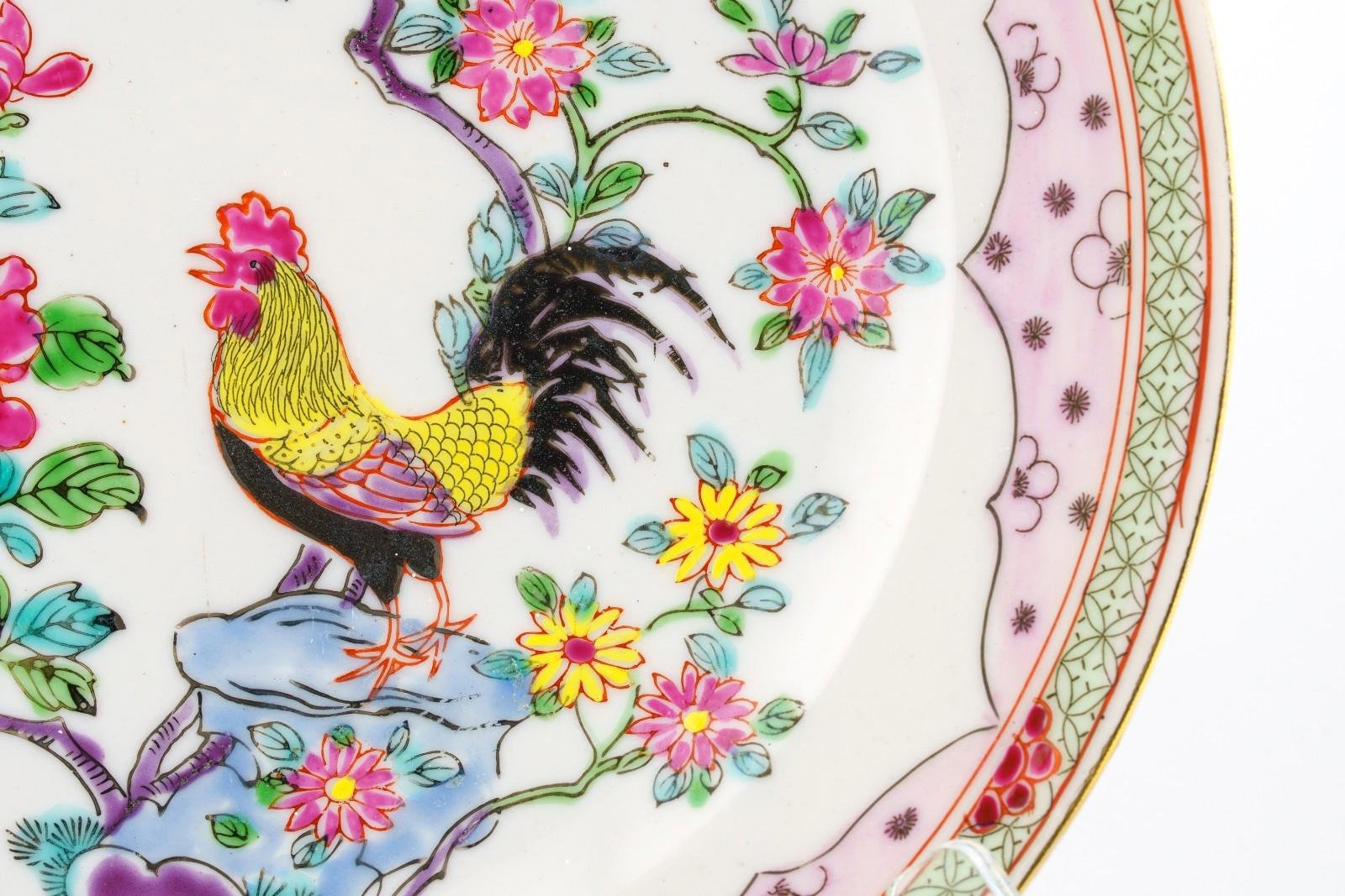 Chinese Porcelain Plate Cockerel Famille Rose Peony Flower Late Period 20th C - Image 4