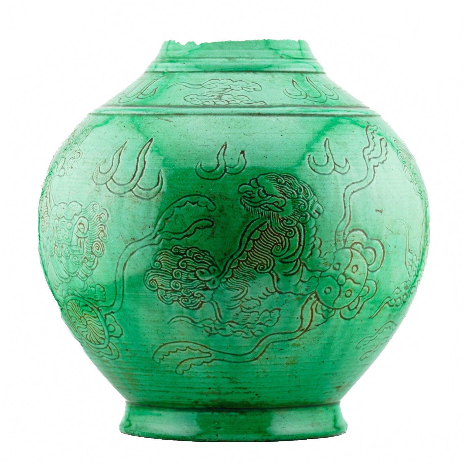 Chinese Porcelain Kangxi Vase Wooden Cover Green Glaze Foo Lion Qing Period 18C - Image 6