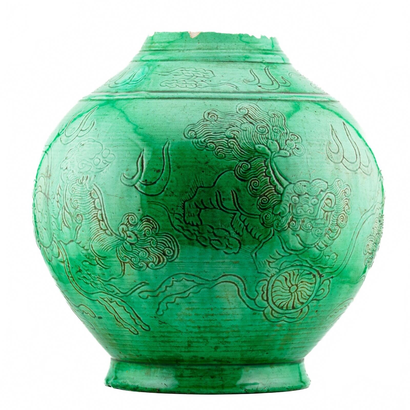 Chinese Porcelain Kangxi Vase Wooden Cover Green Glaze Foo Lion Qing Period 18C - Image 7