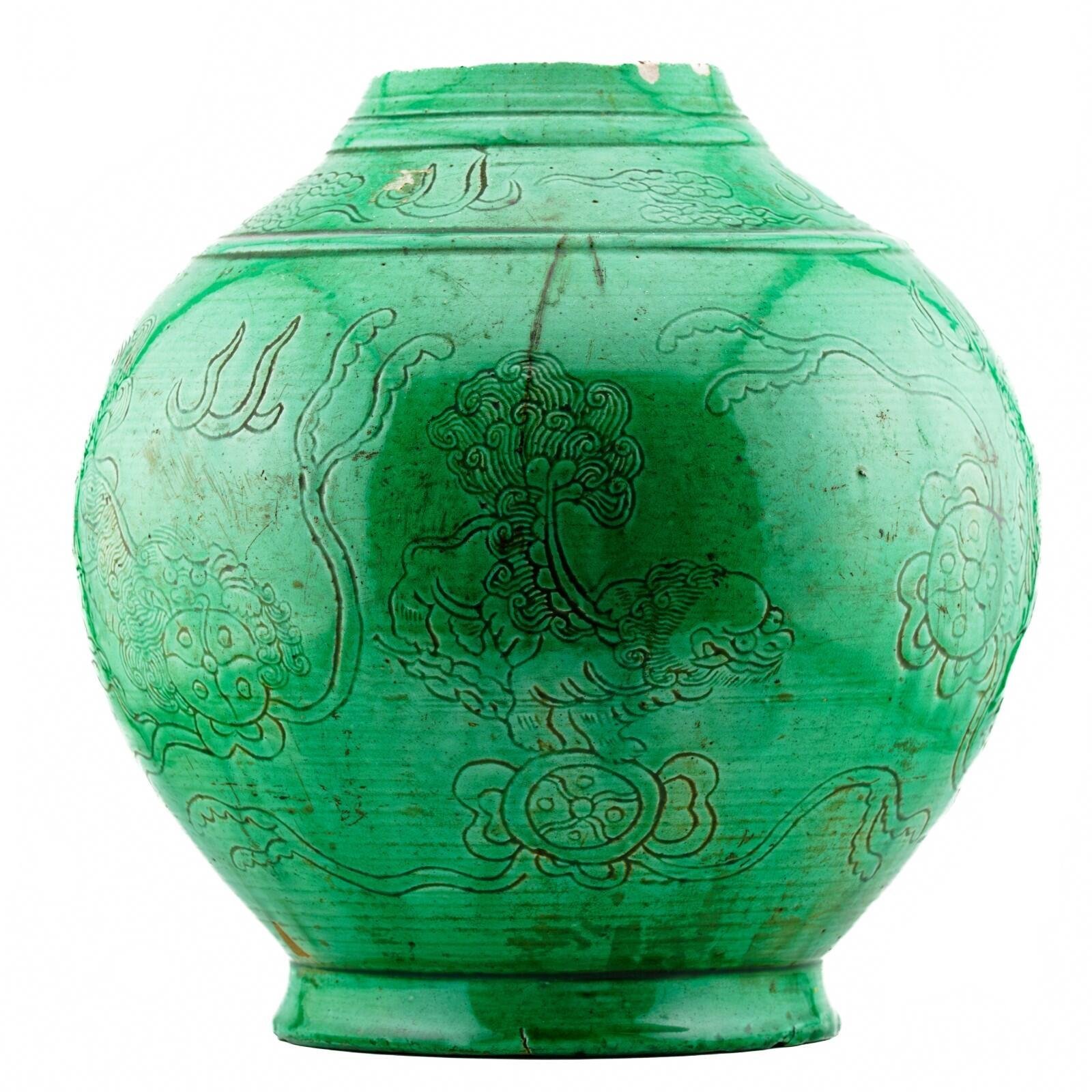 Chinese Porcelain Kangxi Vase Wooden Cover Green Glaze Foo Lion Qing Period 18C - Image 8
