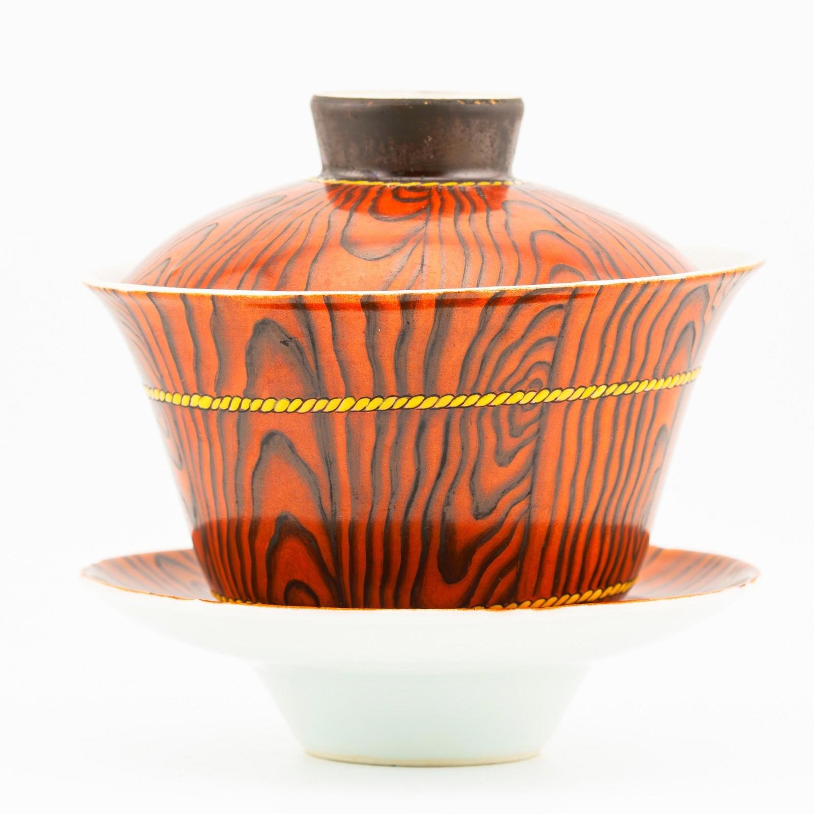 Chinese Porcelain Gaiwan Faux Bois Bowl Cover Saucer Yong He Mark Republic 20th C - Image 3