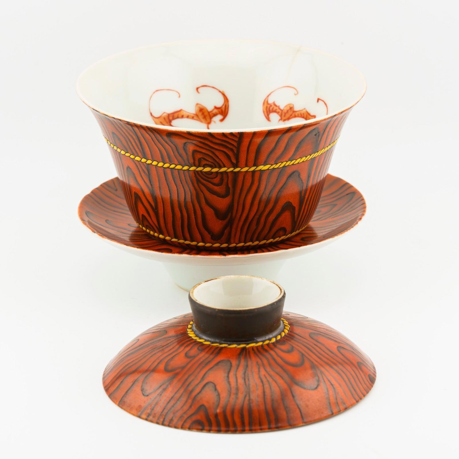 Chinese Porcelain Gaiwan Faux Bois Bowl Cover Saucer Yong He Mark Republic 20th C - Image 14