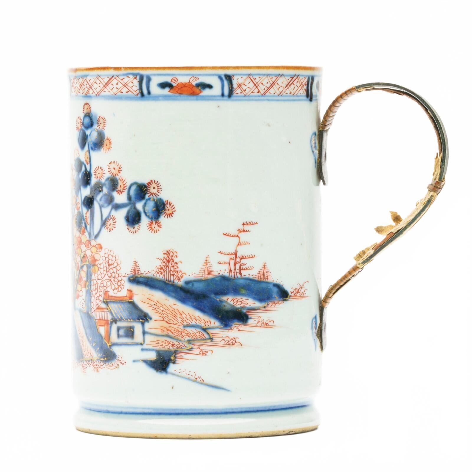 Chinese Porcelain Kangxi Tankard Cover Imari Gilt Metal Handle Landscape Qing18C - Image 3