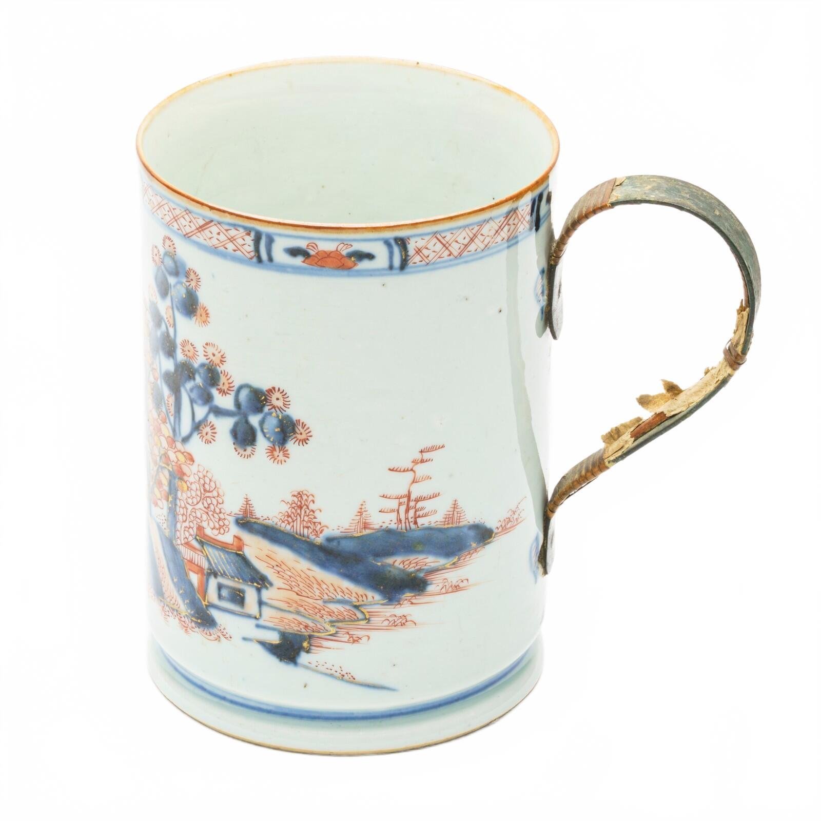 Chinese Porcelain Kangxi Tankard Cover Imari Gilt Metal Handle Landscape Qing18C - Image 4