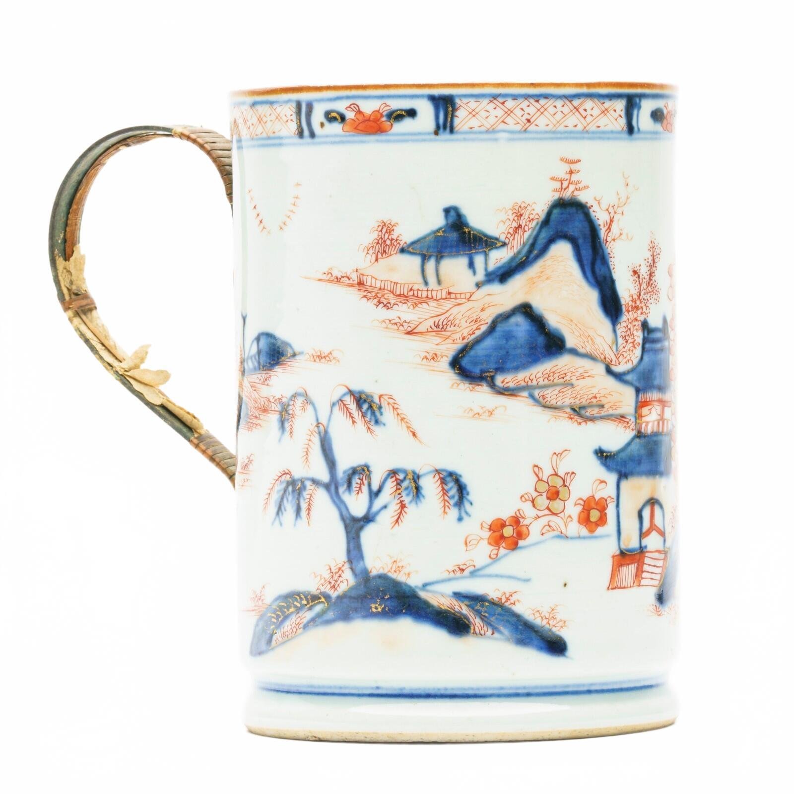 Chinese Porcelain Kangxi Tankard Cover Imari Gilt Metal Handle Landscape Qing18C - Image 5