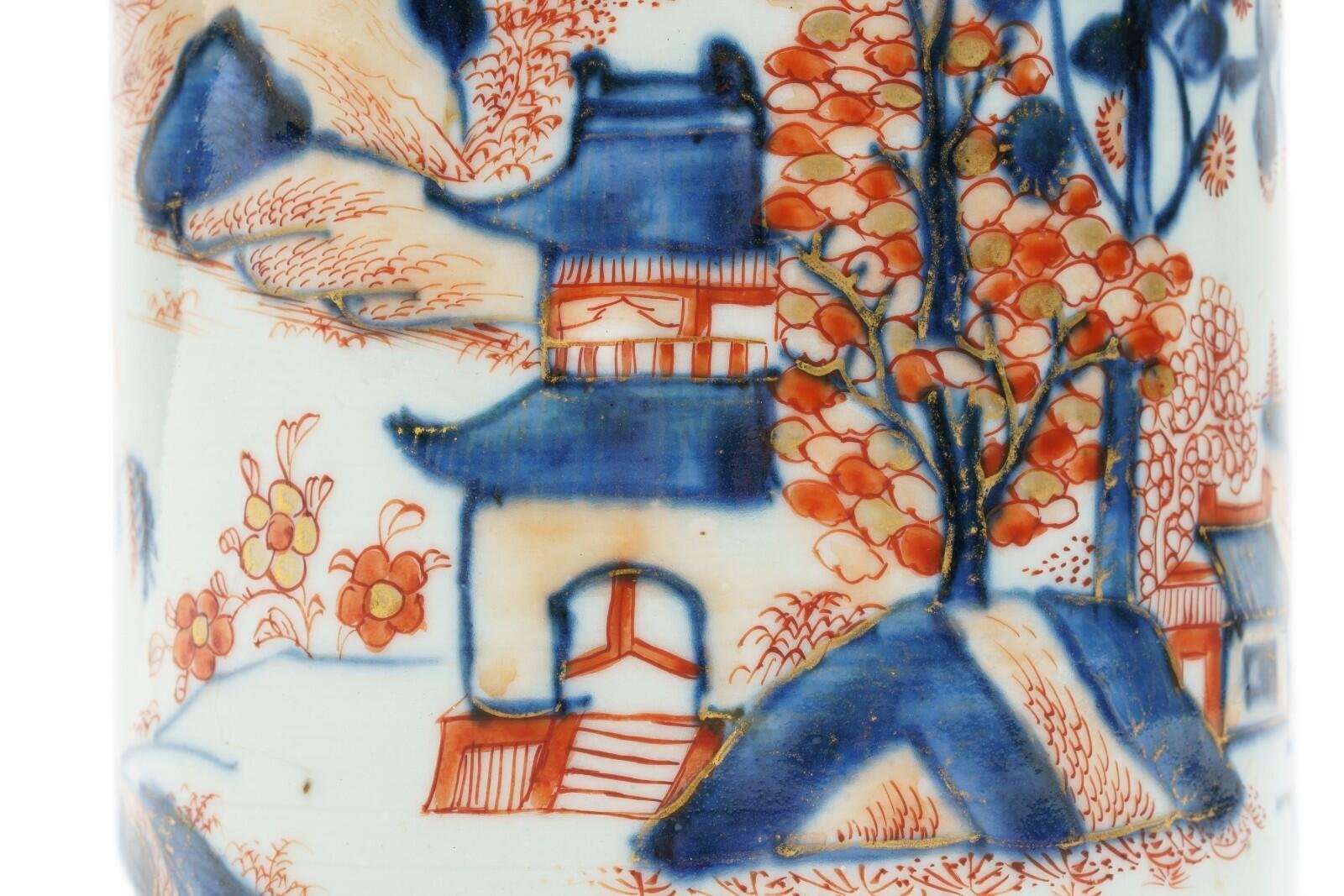 Chinese Porcelain Kangxi Tankard Cover Imari Gilt Metal Handle Landscape Qing18C - Image 8