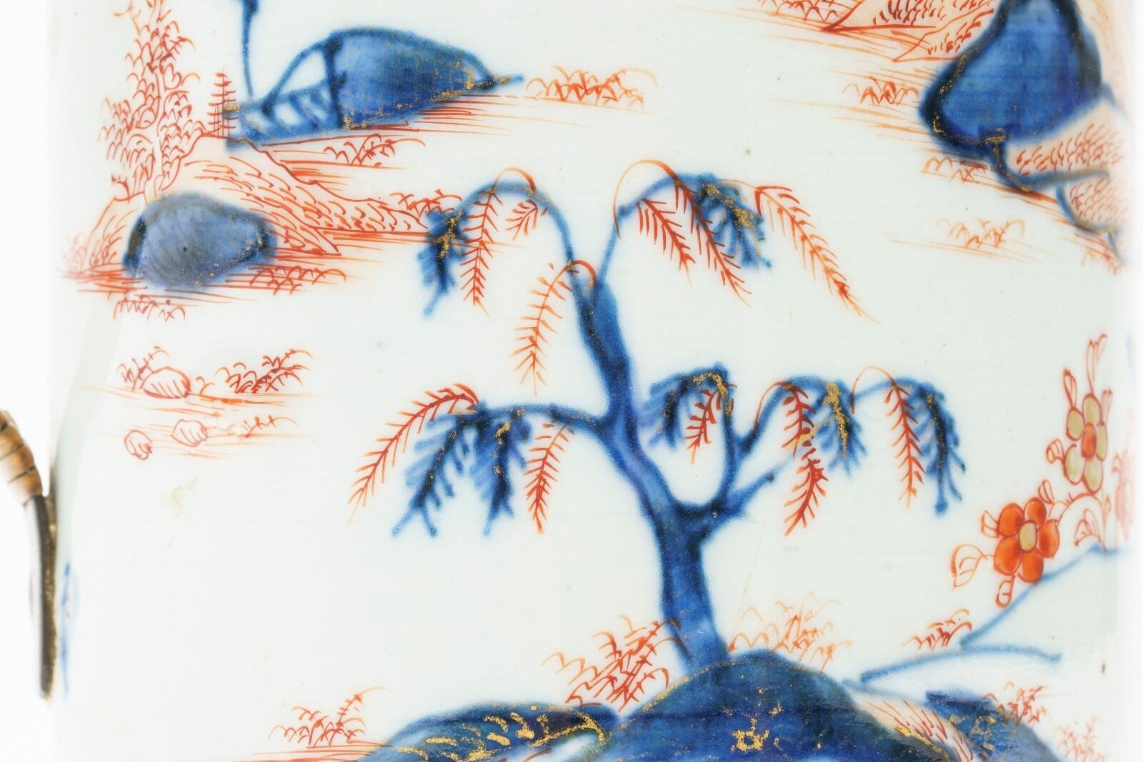 Chinese Porcelain Kangxi Tankard Cover Imari Gilt Metal Handle Landscape Qing18C - Image 12