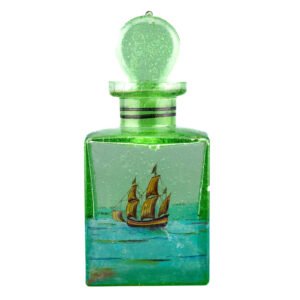 Czechoslovakia Green Glass Perfume Bottle Stopper Painted Sailing Ship Era 20C