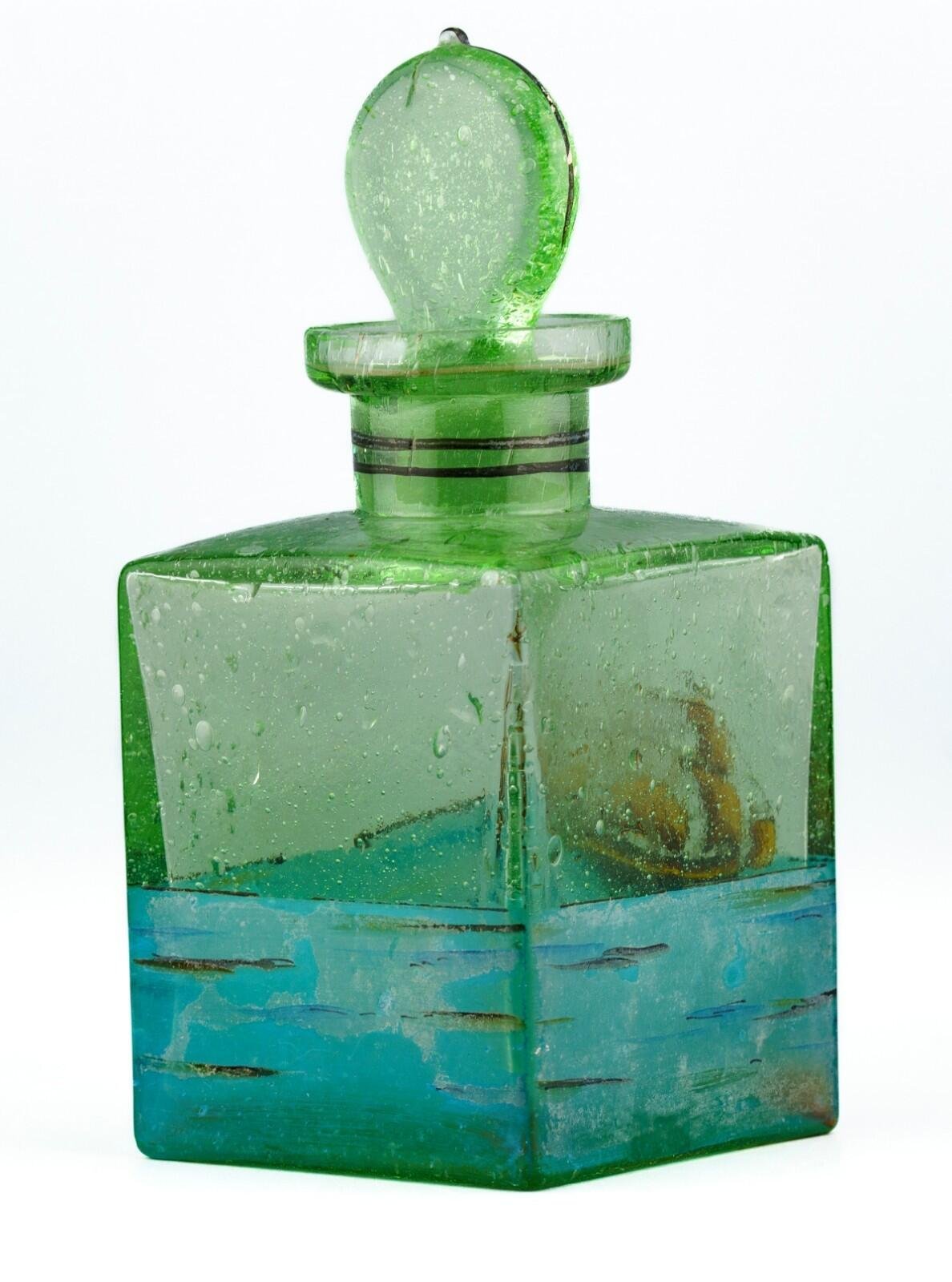 Czechoslovakia Green Glass Perfume Bottle Stopper Painted Sailing Ship Era 20C - Image 4