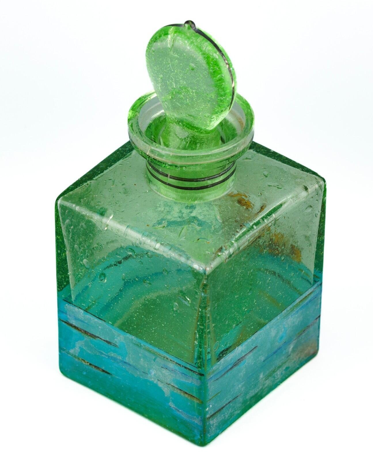 Czechoslovakia Green Glass Perfume Bottle Stopper Painted Sailing Ship Era 20C - Image 5