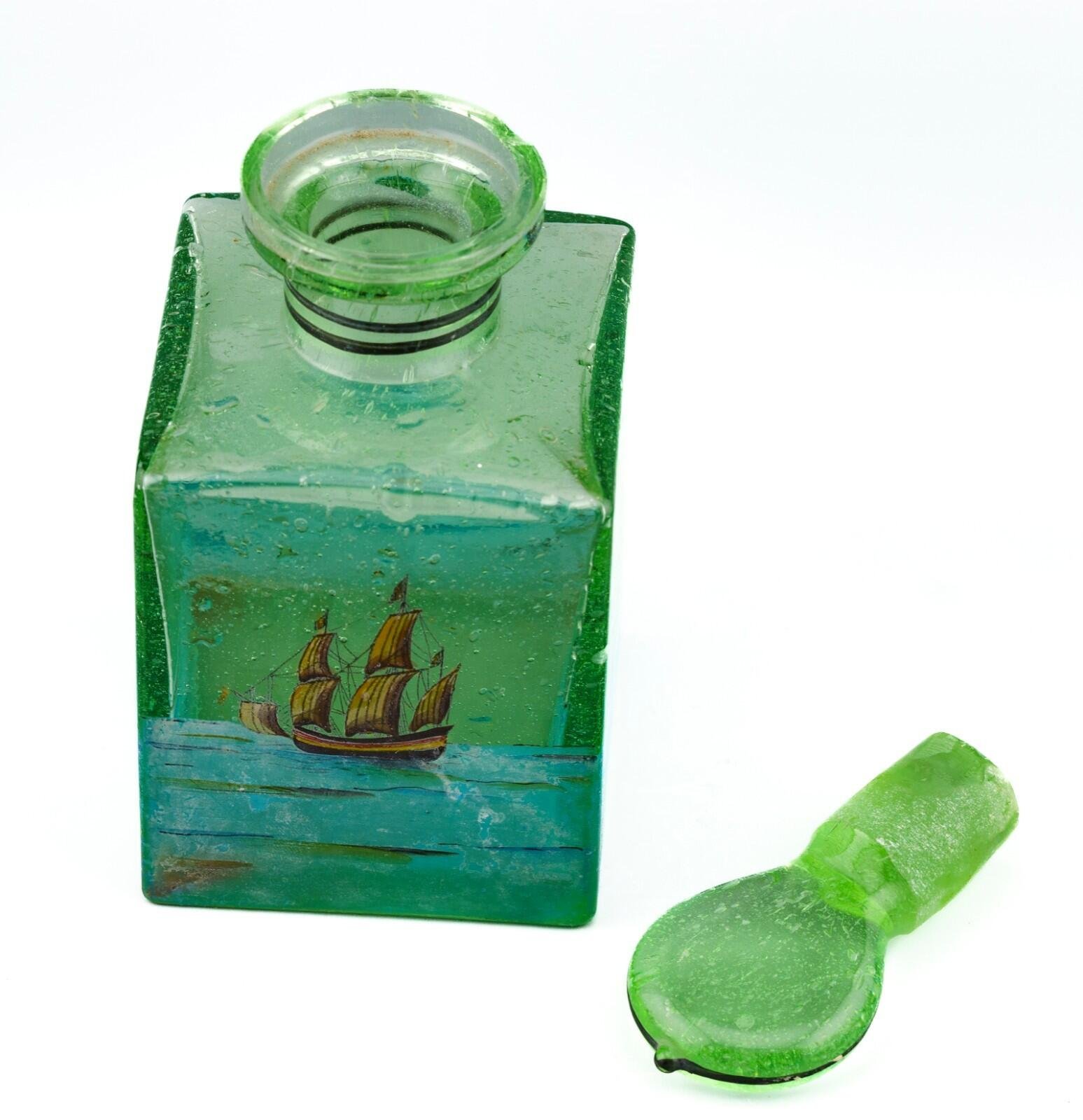 Czechoslovakia Green Glass Perfume Bottle Stopper Painted Sailing Ship Era 20C - Image 6