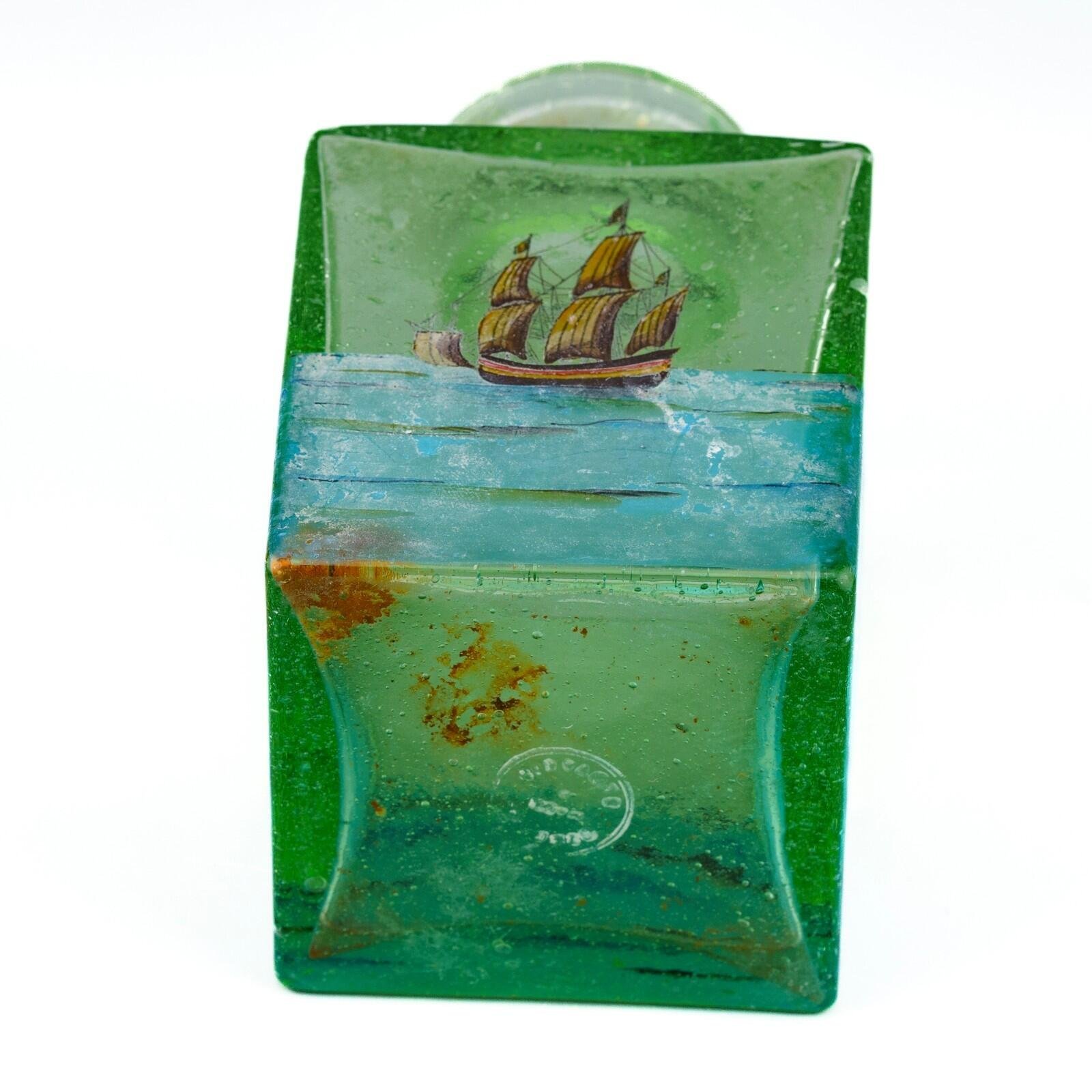 Czechoslovakia Green Glass Perfume Bottle Stopper Painted Sailing Ship Era 20C - Image 8