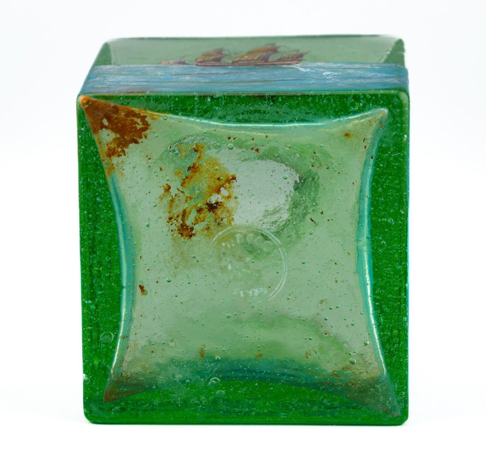 Czechoslovakia Green Glass Perfume Bottle Stopper Painted Sailing Ship Era 20C - Image 9