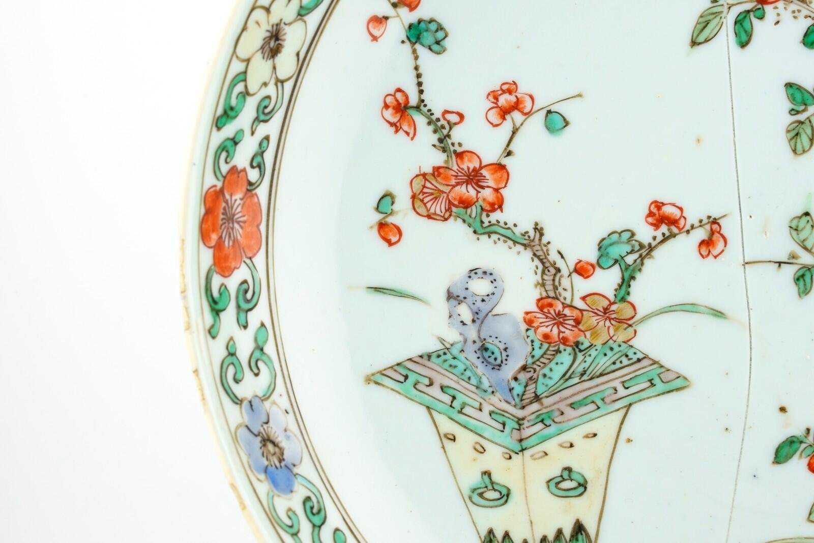 Chinese Kangxi Mark Porcelain Plate Famille Verte Prunus Blossom Gilt Qing 18C - Image 5