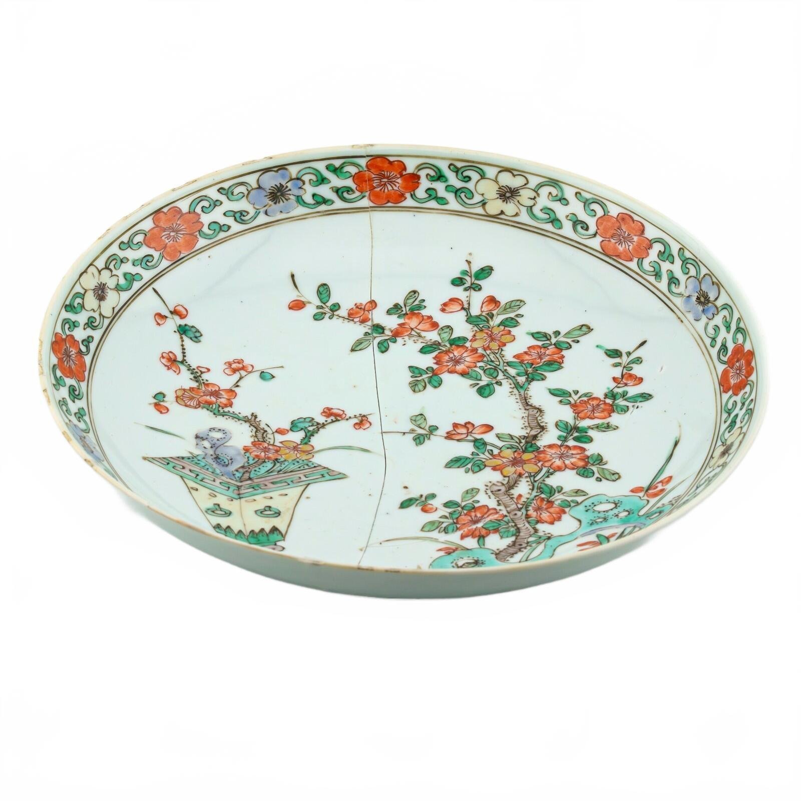 Chinese Kangxi Mark Porcelain Plate Famille Verte Prunus Blossom Gilt Qing 18C - Image 11