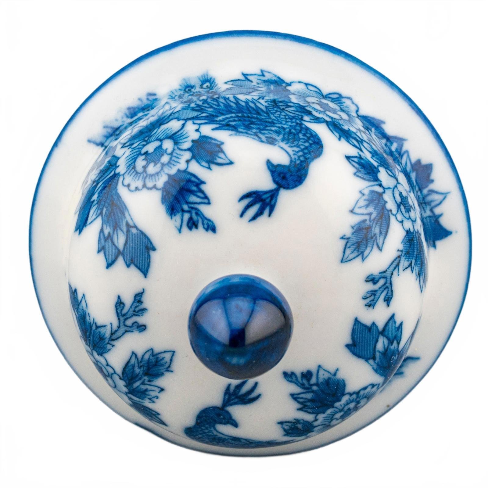 England Porcelain Vase Teapot Cover Blue White Bird Peacock Period 20th Century - Image 11