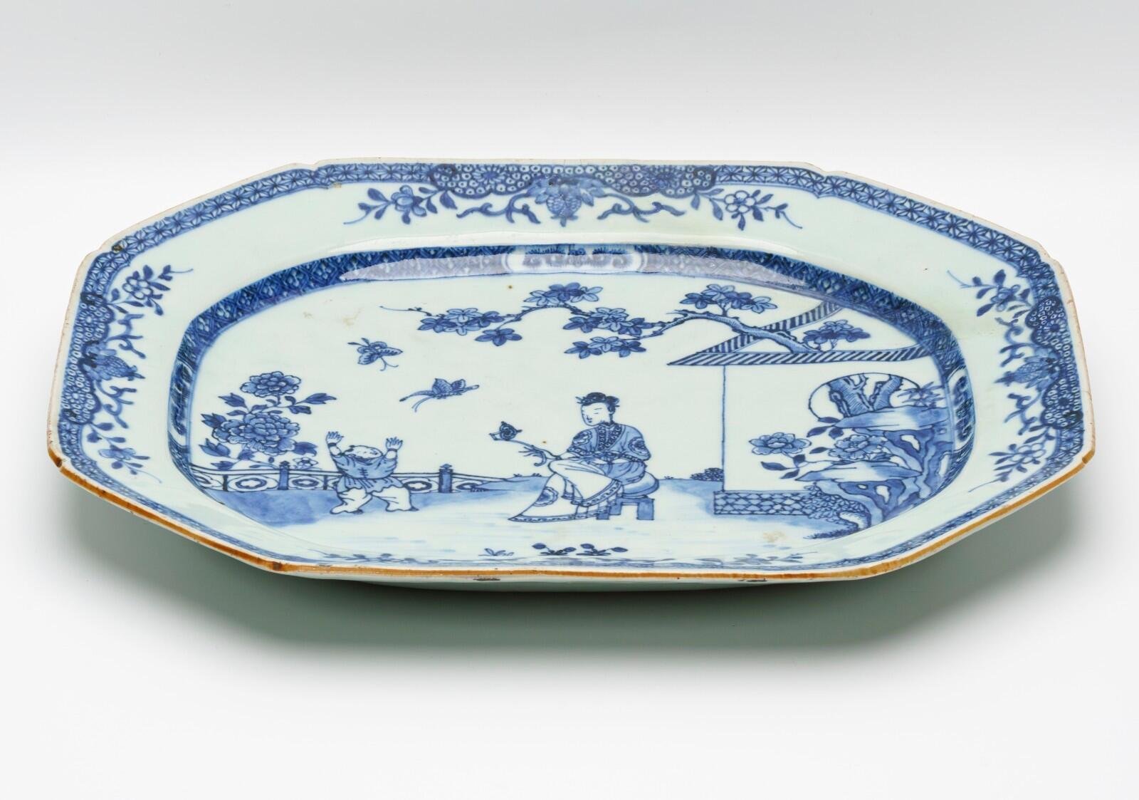 Chinese Lady Boy Porcelain Blue White Platter Brown Rim Qing Qianlong Period 18C - Image 10