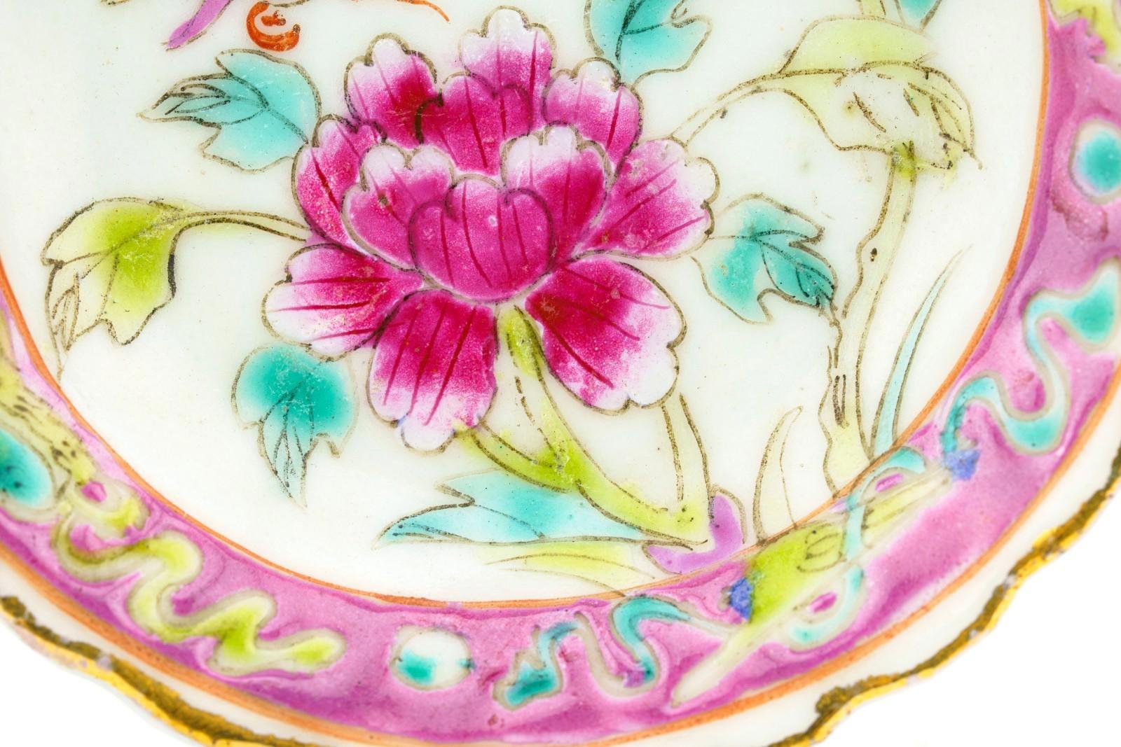 Chinese Porcelain Nyonya Peranakan Saucer Famille Rose Gilt Crane Phoenix 19th C - Image 3