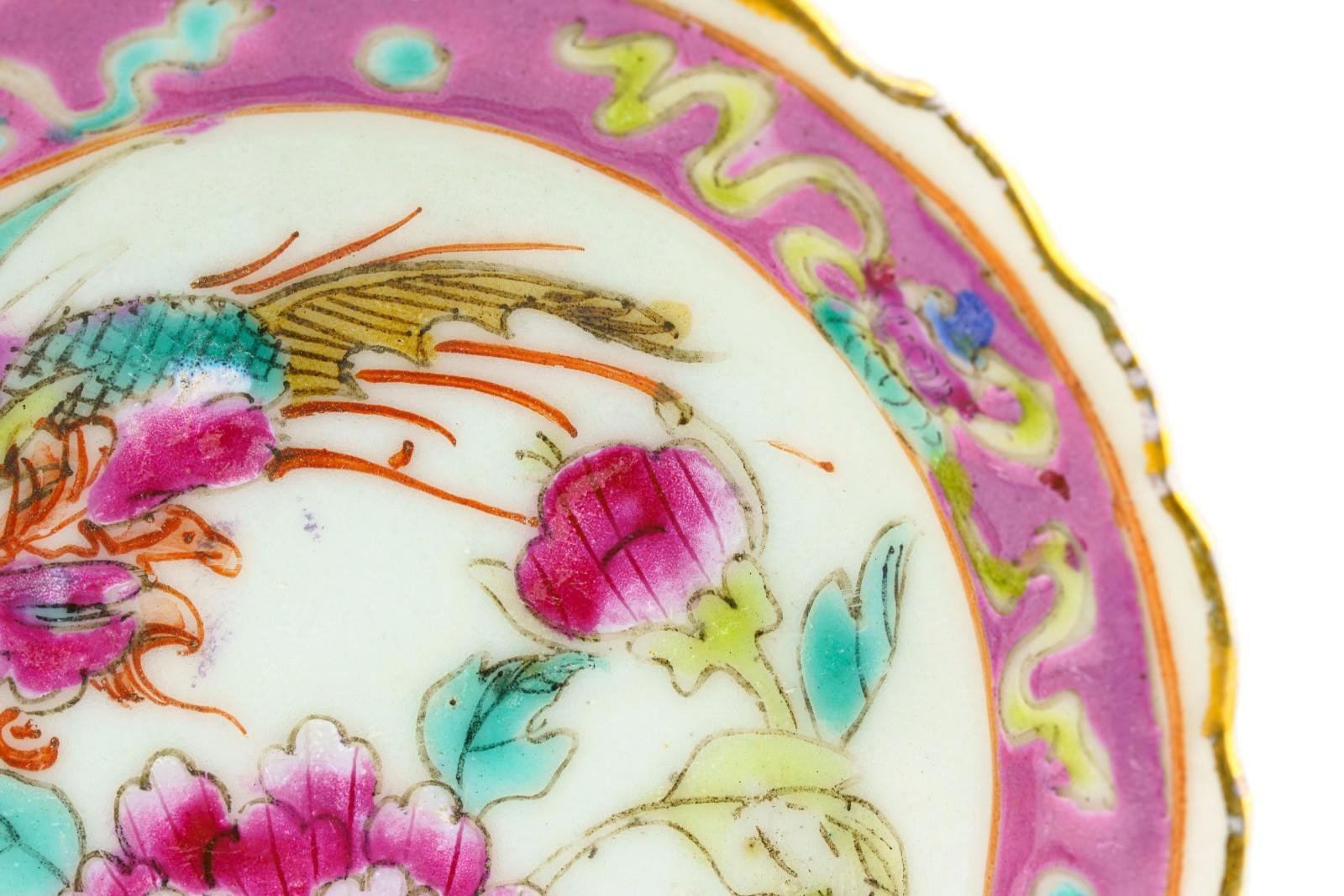 Chinese Porcelain Nyonya Peranakan Saucer Famille Rose Gilt Crane Phoenix 19th C - Image 4