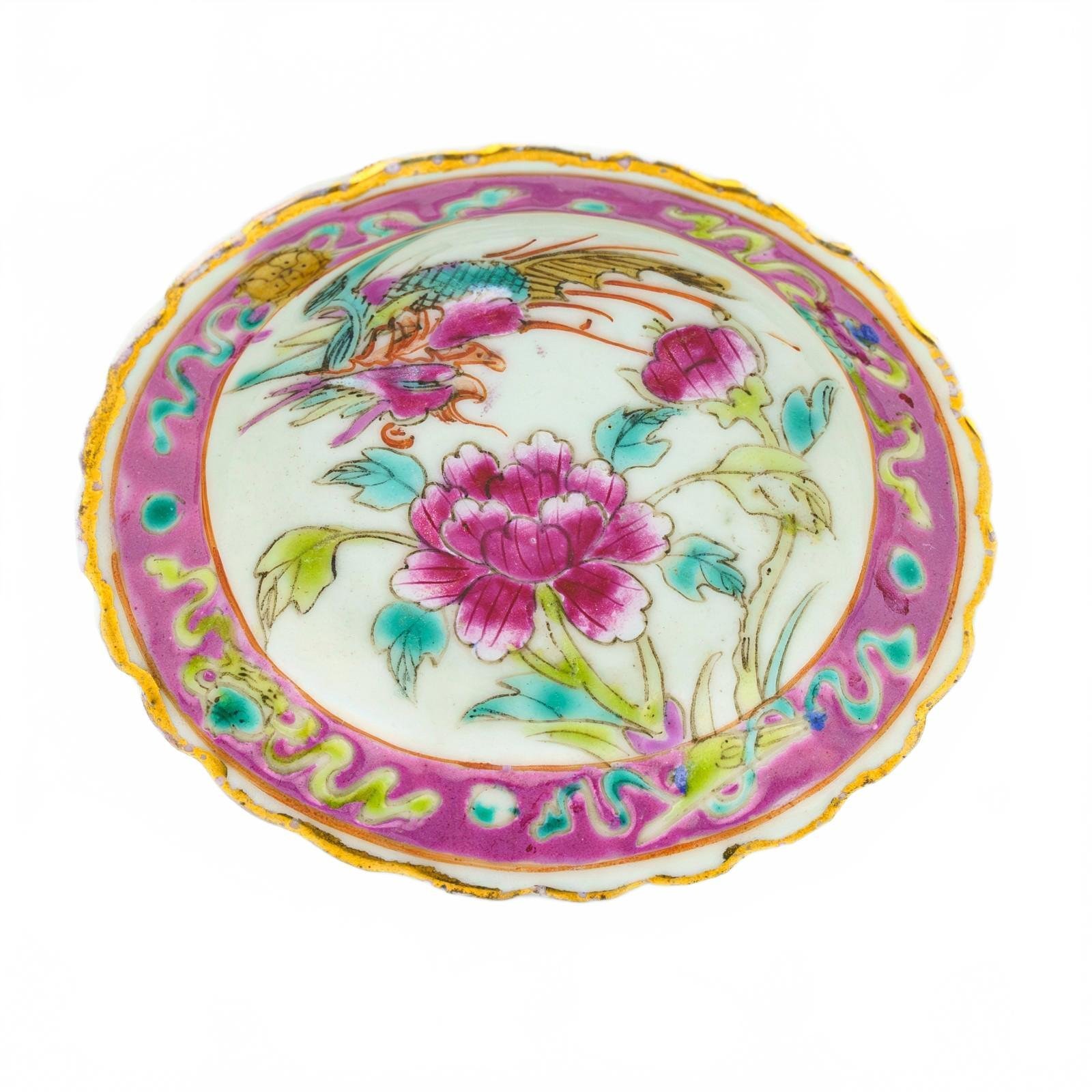 Chinese Porcelain Nyonya Peranakan Saucer Famille Rose Gilt Crane Phoenix 19th C - Image 5