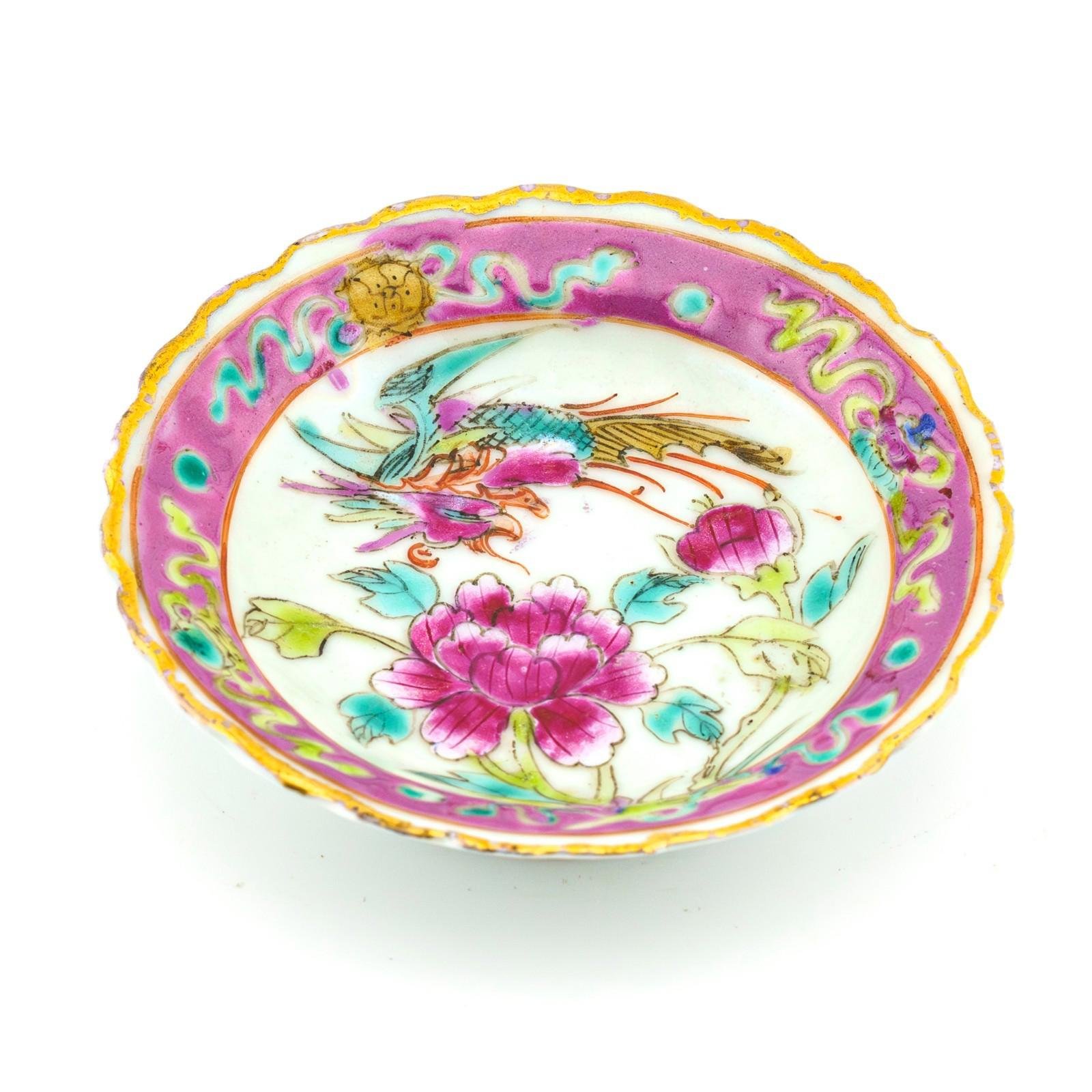 Chinese Porcelain Nyonya Peranakan Saucer Famille Rose Gilt Crane Phoenix 19th C - Image 6