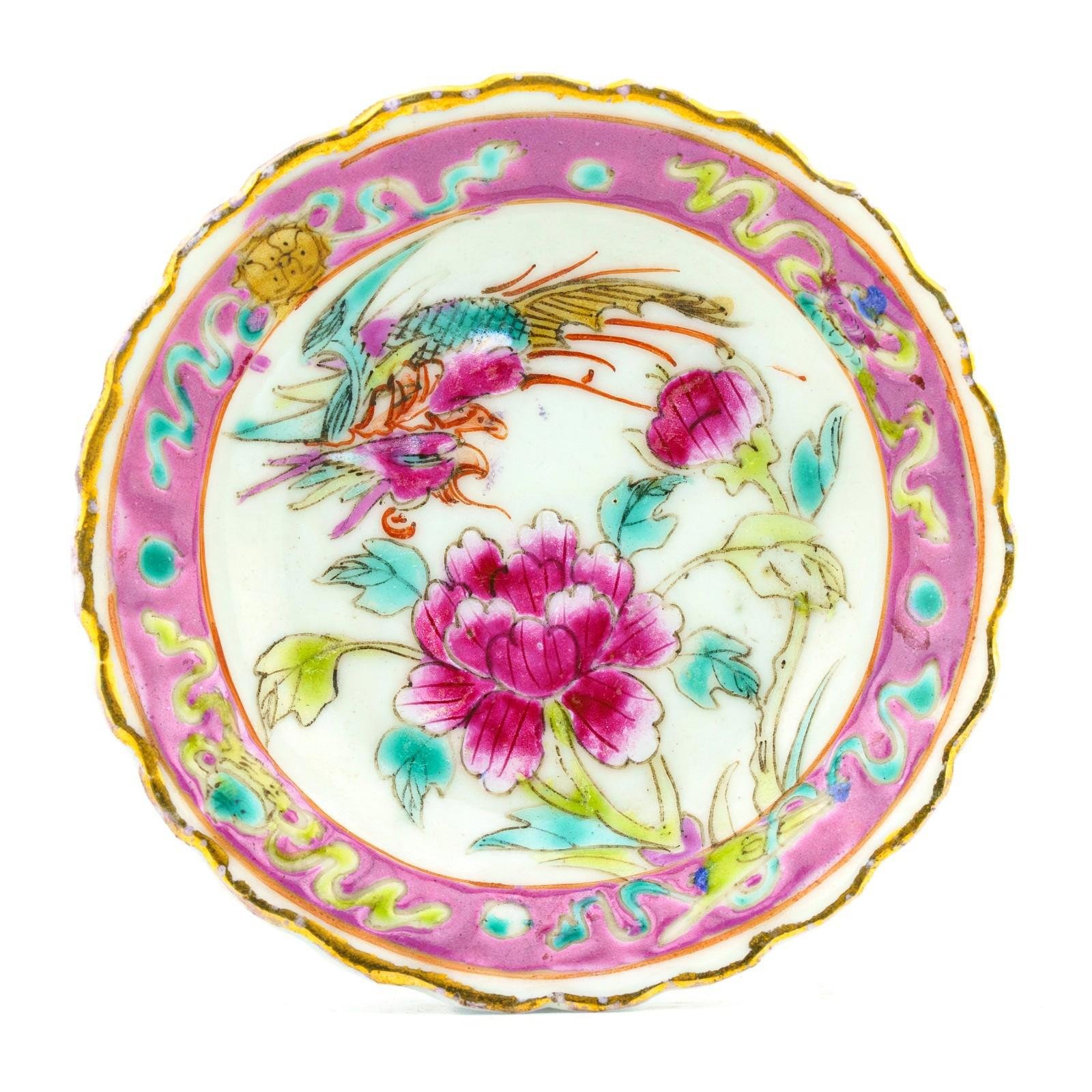 Chinese Porcelain Nyonya Peranakan Saucer Famille Rose Gilt Crane Phoenix 19th C - Image 13