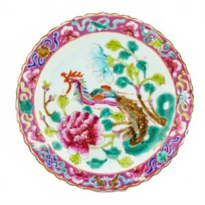 Chinese Porcelain Nyonya Peranakan Saucer Famille Rose Gilt Crane Phoenix 19th C
