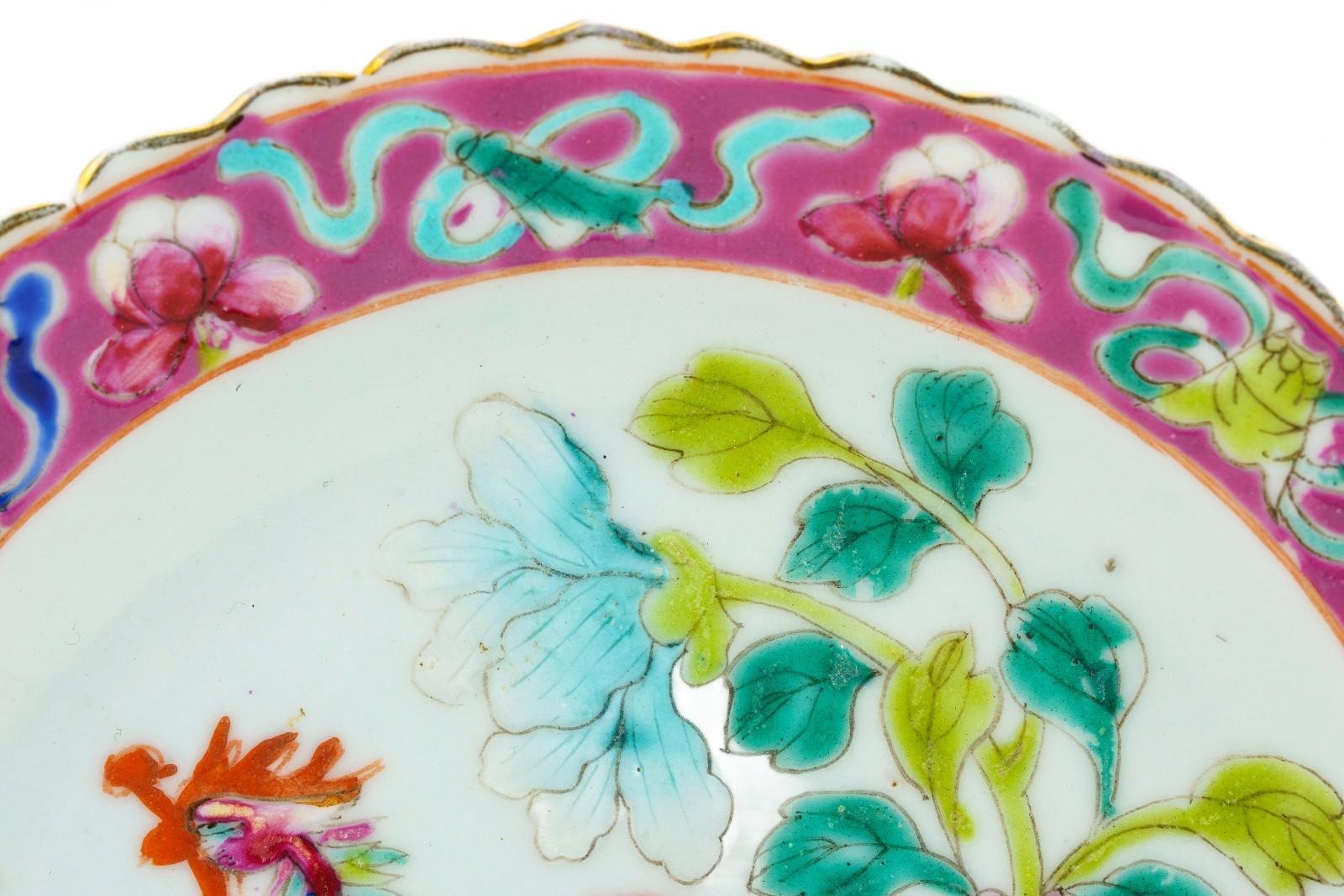 Chinese Porcelain Nyonya Peranakan Saucer Famille Rose Gilt Crane Phoenix 19th C - Image 3