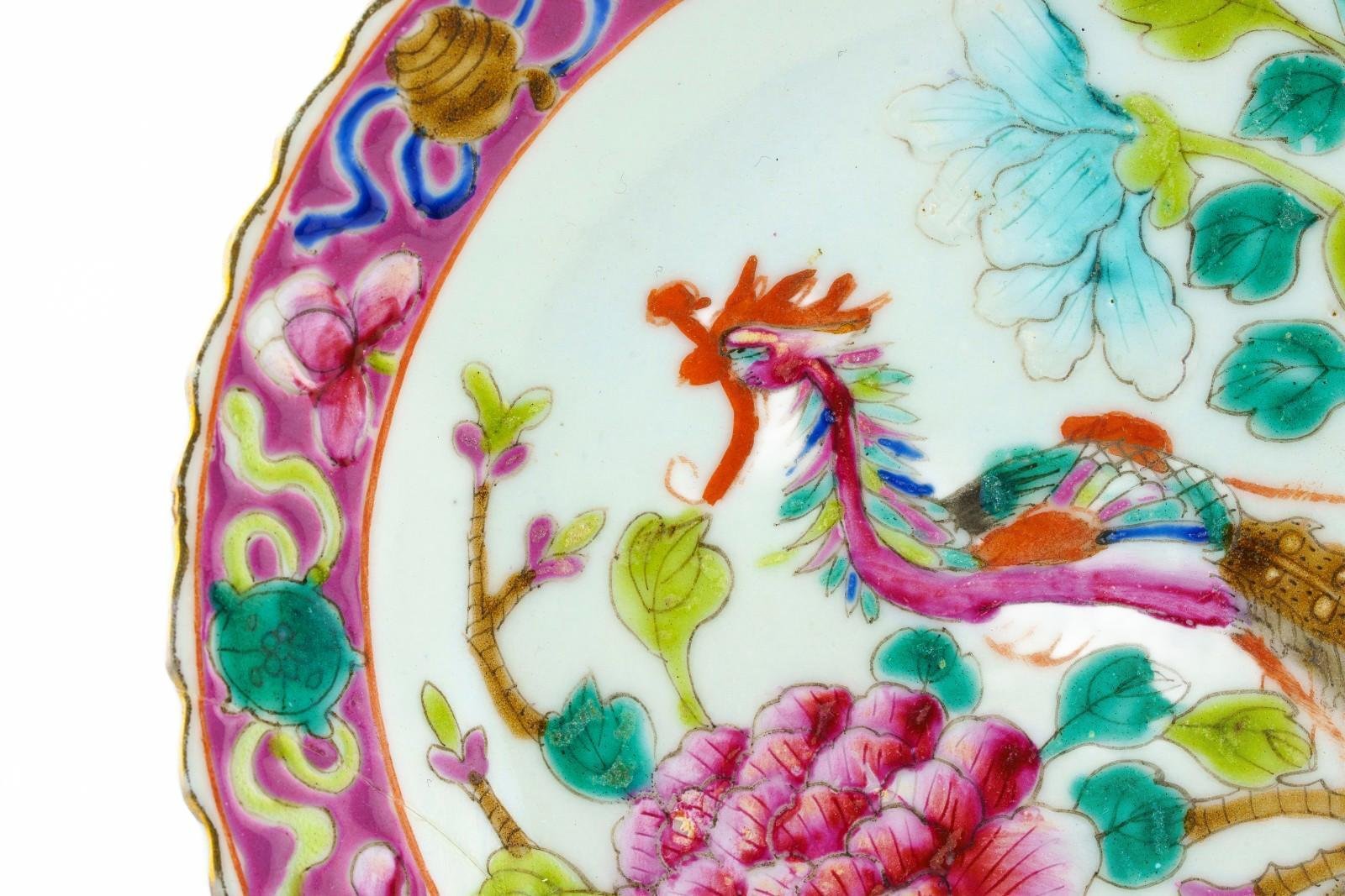Chinese Porcelain Nyonya Peranakan Saucer Famille Rose Gilt Crane Phoenix 19th C - Image 4
