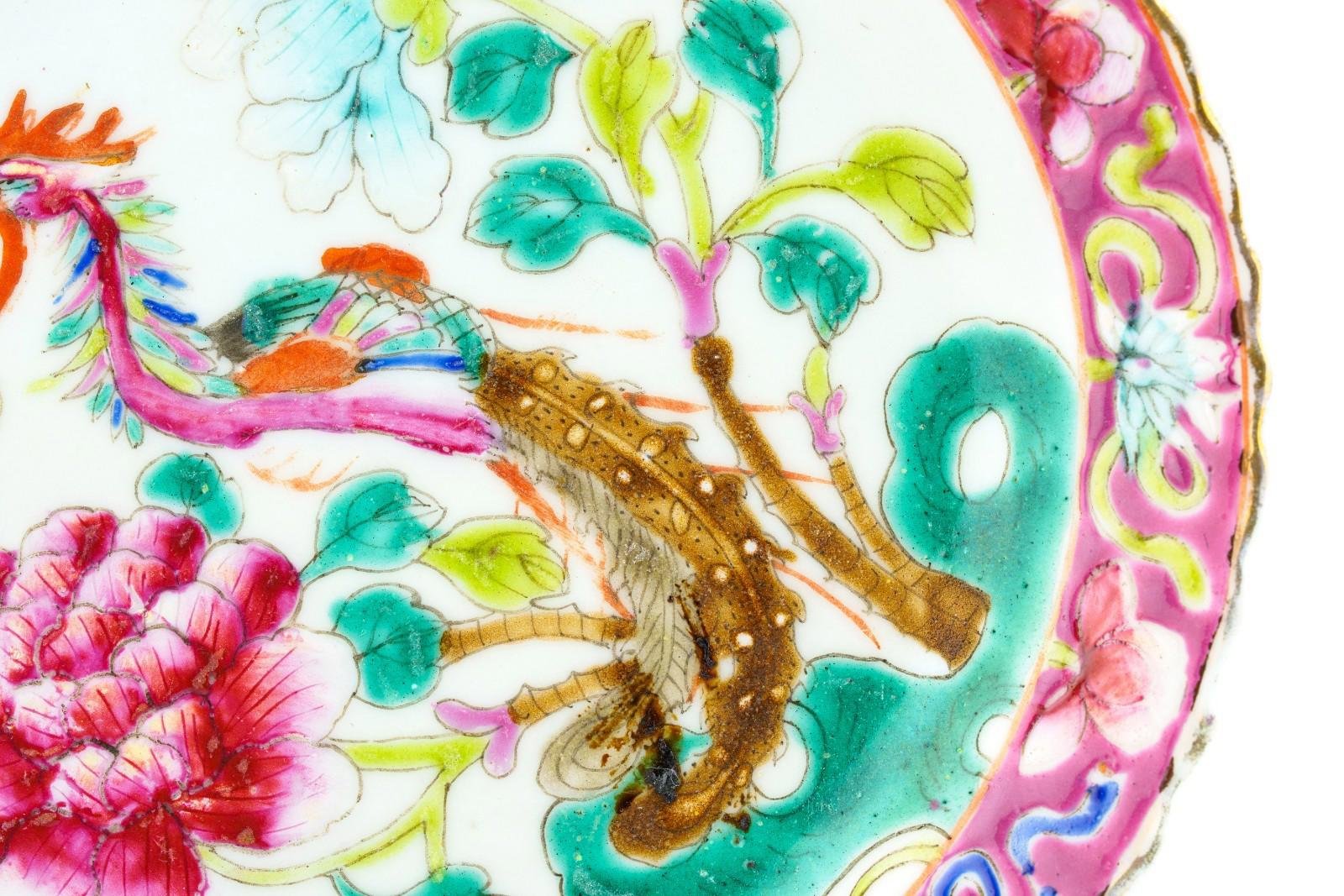 Chinese Porcelain Nyonya Peranakan Saucer Famille Rose Gilt Crane Phoenix 19th C - Image 5