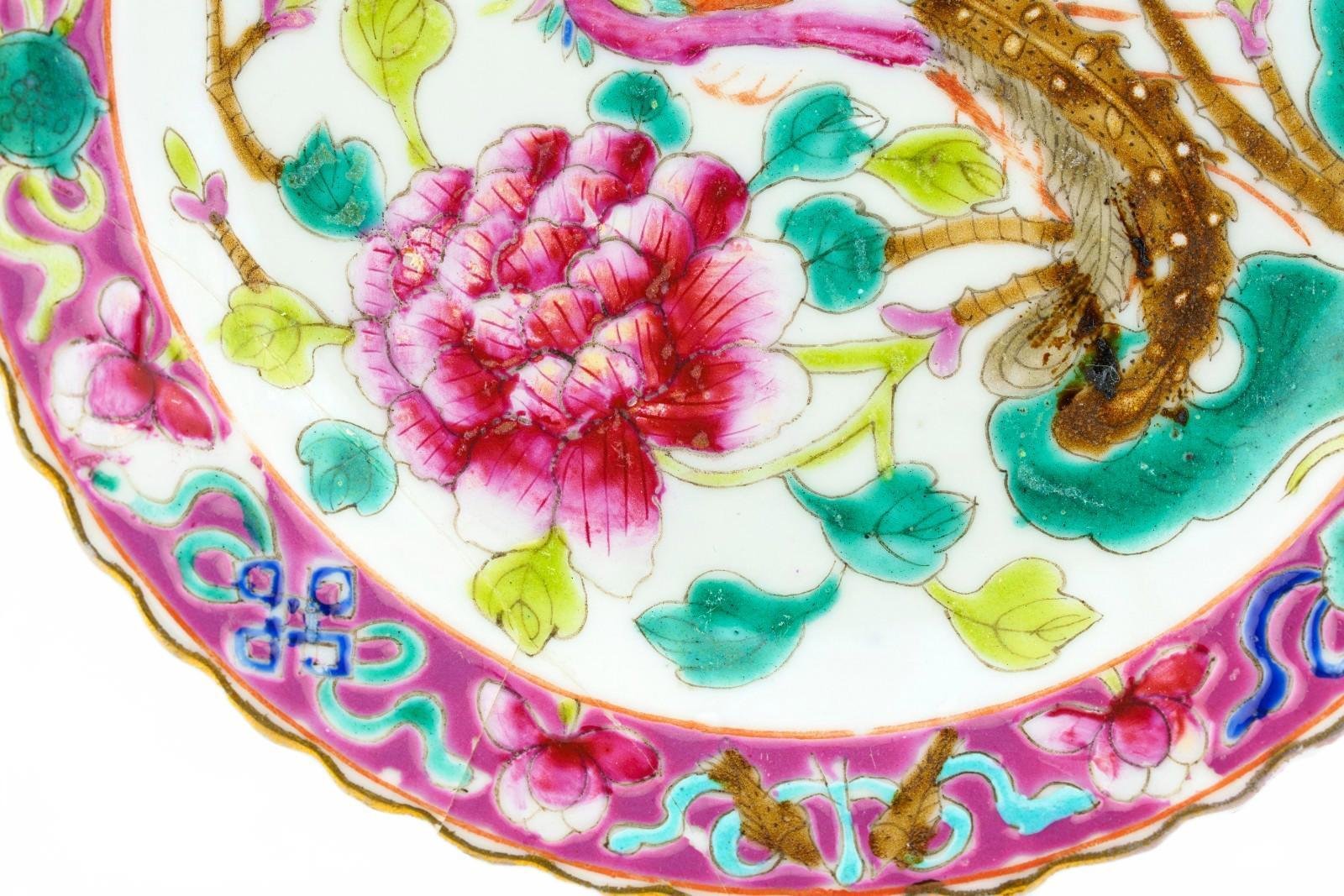 Chinese Porcelain Nyonya Peranakan Saucer Famille Rose Gilt Crane Phoenix 19th C - Image 6