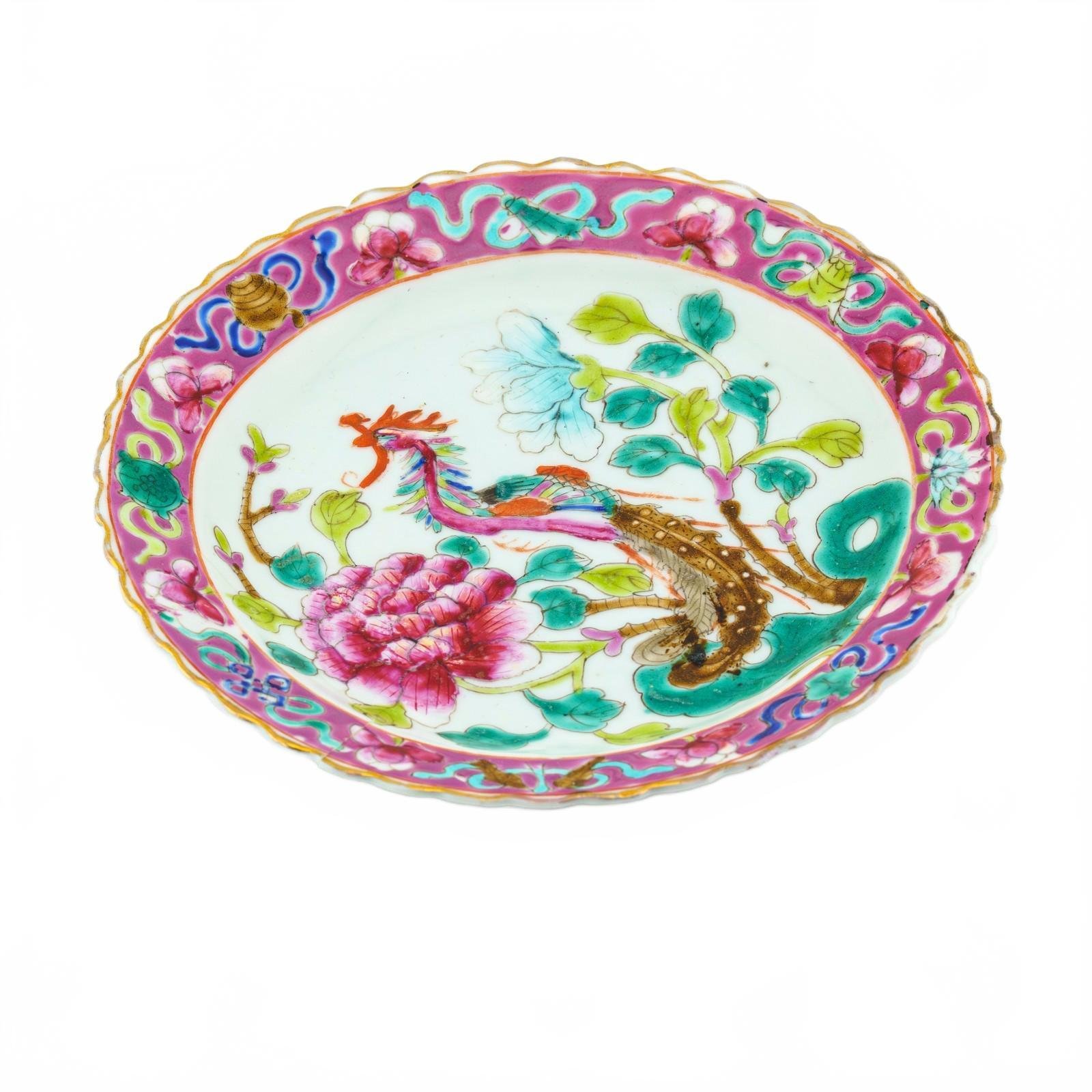 Chinese Porcelain Nyonya Peranakan Saucer Famille Rose Gilt Crane Phoenix 19th C - Image 7