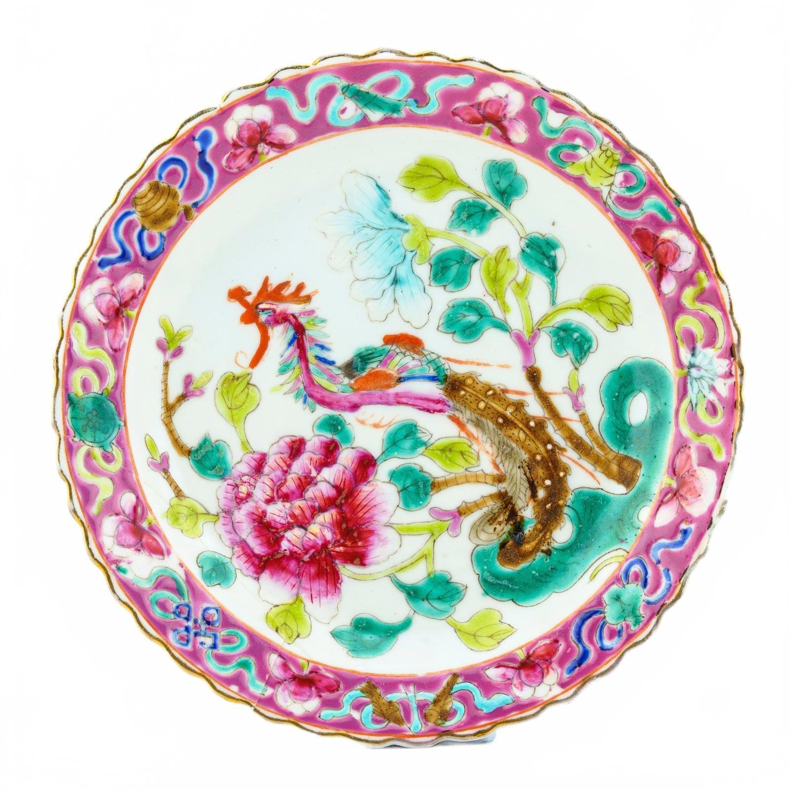 Chinese Porcelain Nyonya Peranakan Saucer Famille Rose Gilt Crane Phoenix 19th C - Image 15