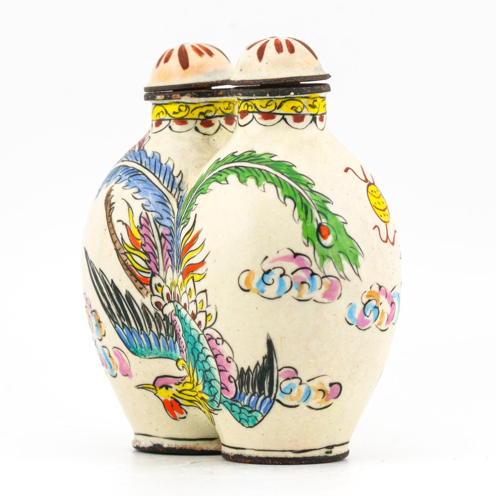 Chinese Snuff Bottles Painted on Enamel Dragon Phoenix Qianlong Mark Late 20C - Image 4