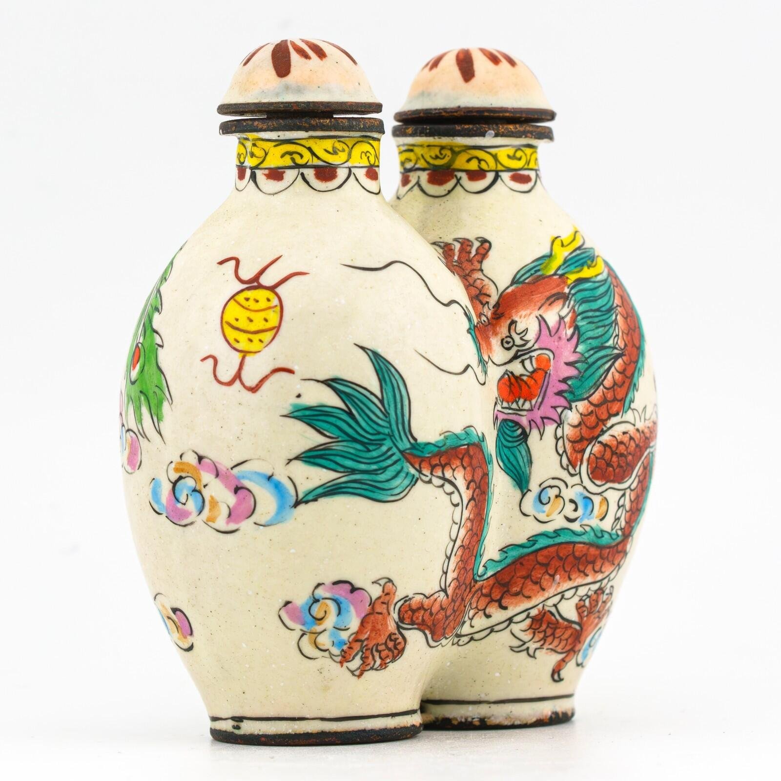 Chinese Snuff Bottles Painted on Enamel Dragon Phoenix Qianlong Mark Late 20C - Image 6