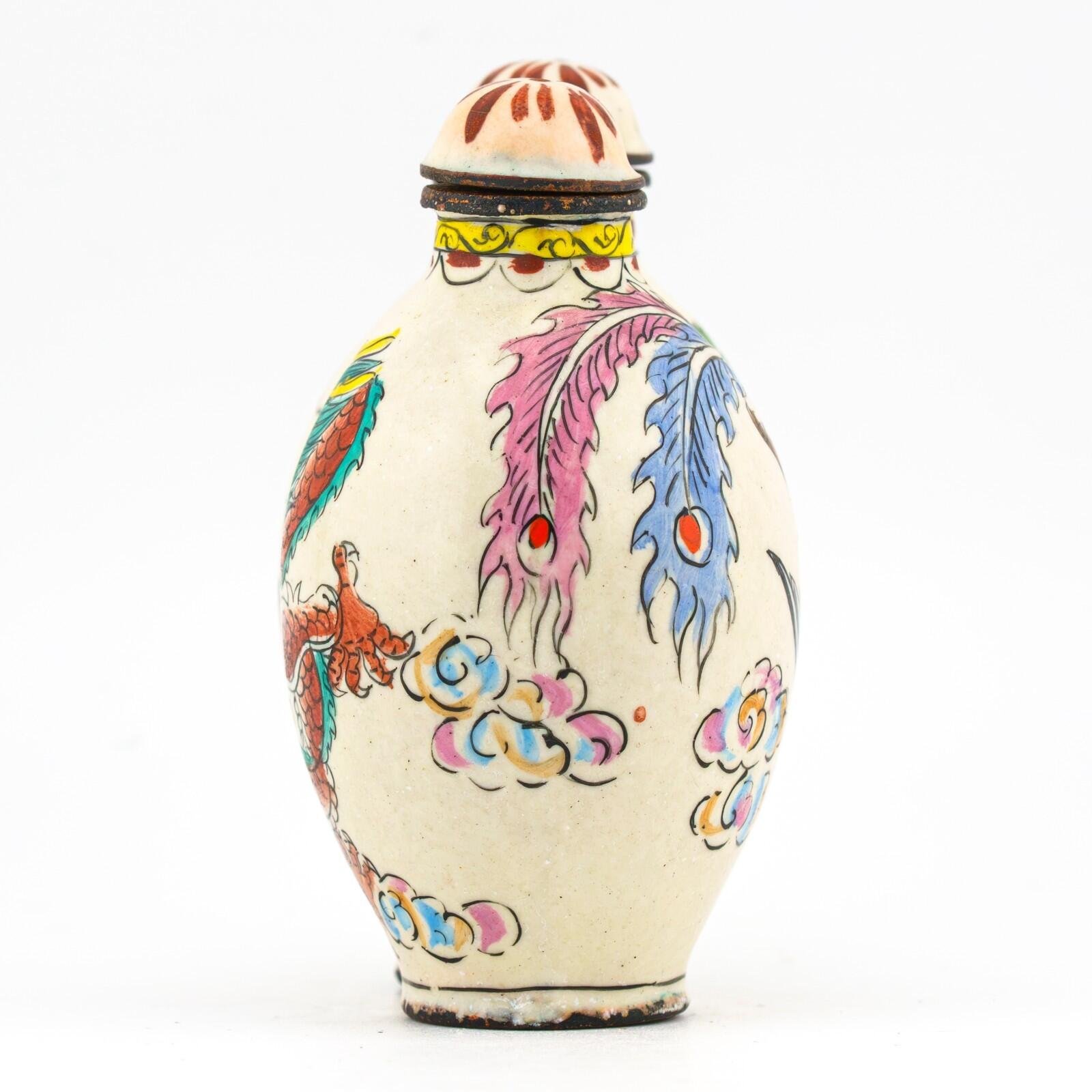 Chinese Snuff Bottles Painted on Enamel Dragon Phoenix Qianlong Mark Late 20C - Image 7