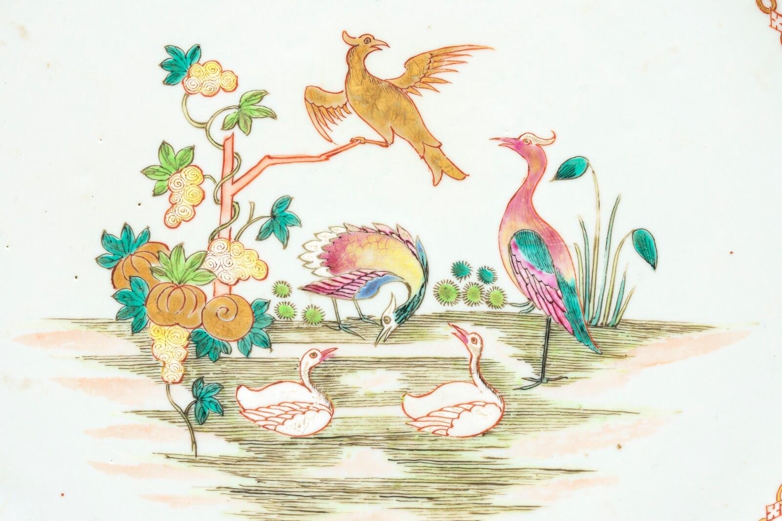 Chinese Qianlong Porcelain Charger Famille Rose Gilt European Aqua Bird Qing 18C - Image 3