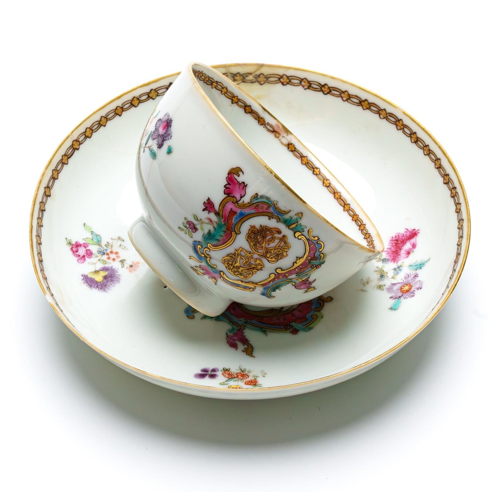 Chinese Porcelain Armorial Cup Saucer Gilt Cypher Initials Chain Qianlong 18C - Image 4