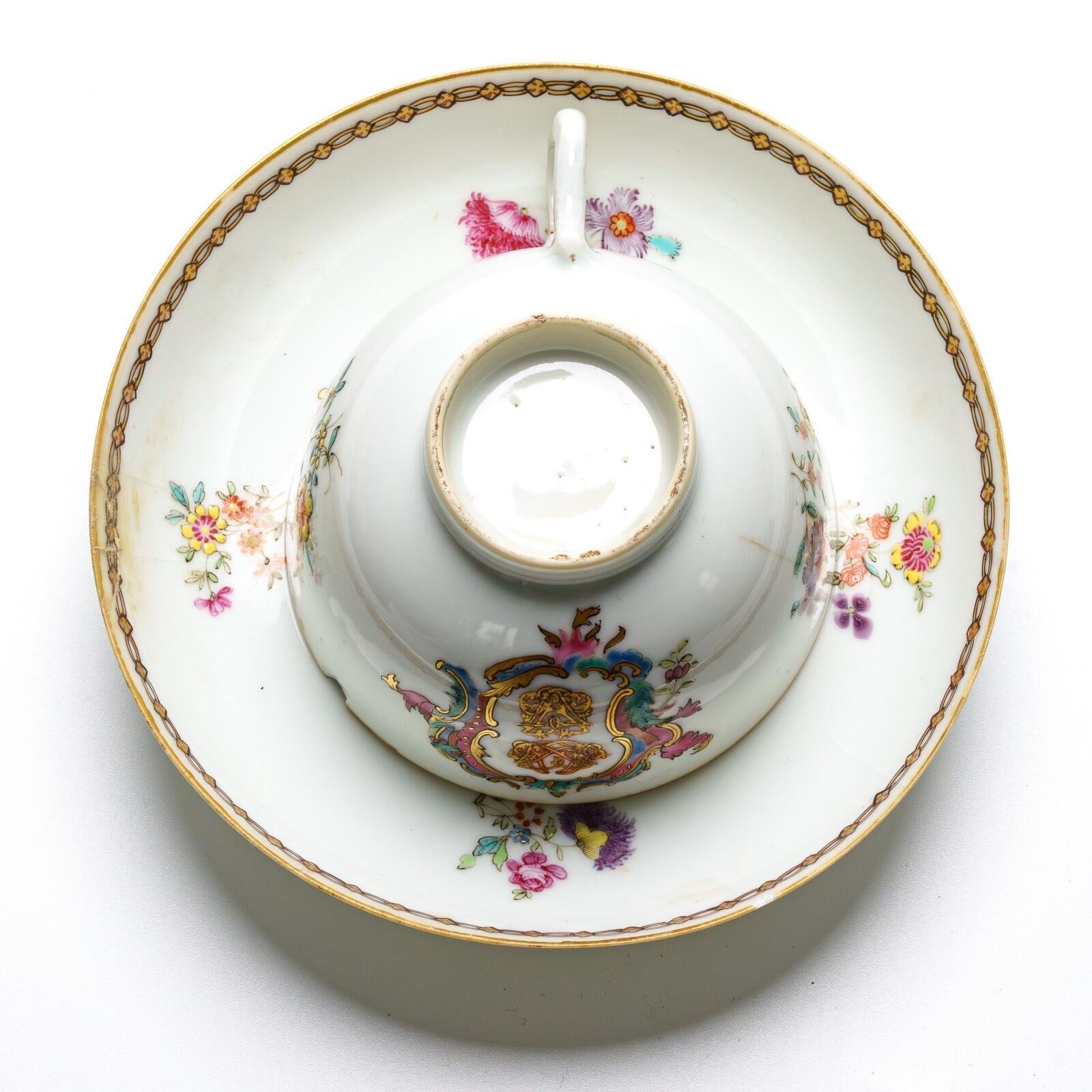 Chinese Porcelain Armorial Cup Saucer Gilt Cypher Initials Chain Qianlong 18C - Image 5