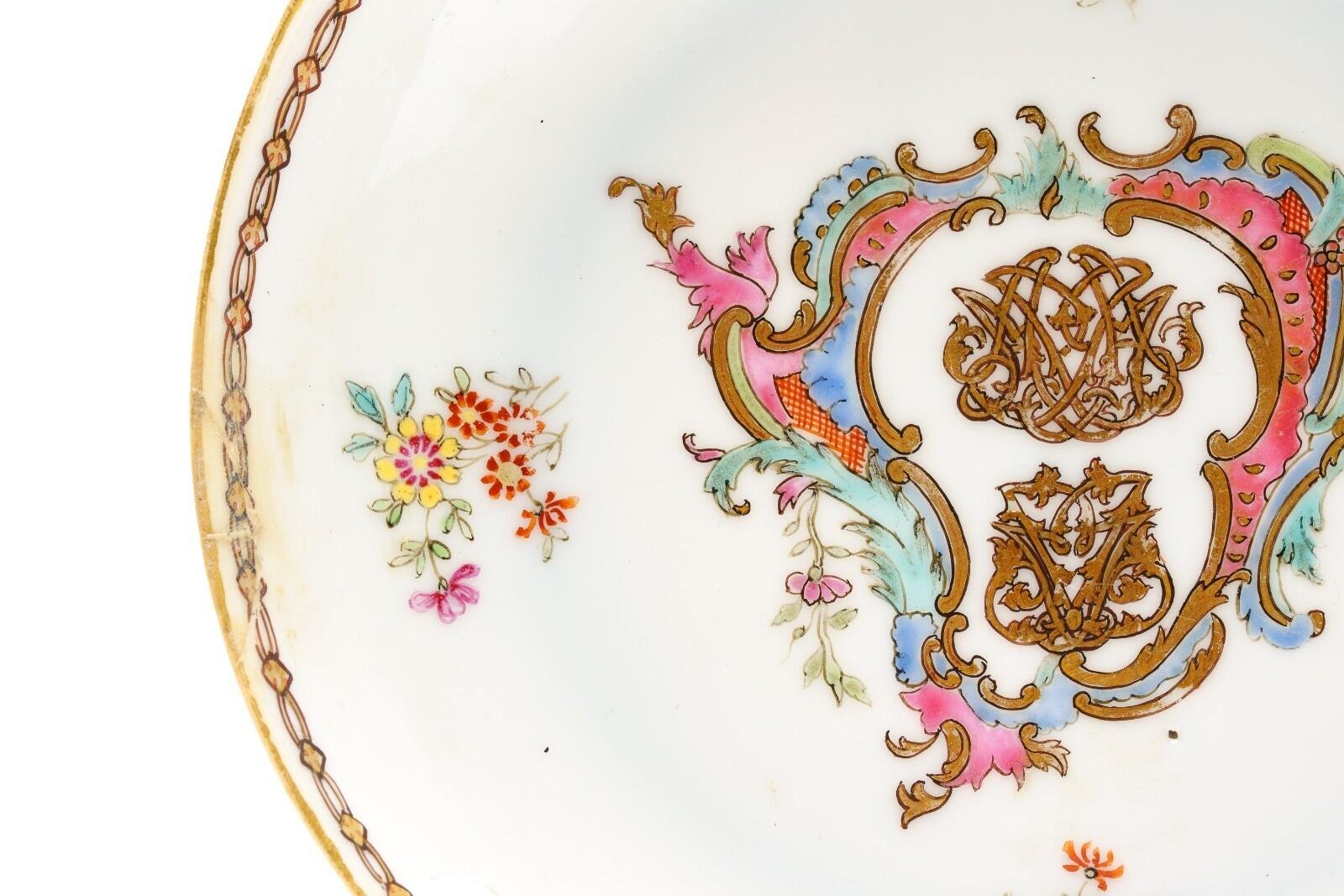 Chinese Porcelain Armorial Cup Saucer Gilt Cypher Initials Chain Qianlong 18C - Image 9