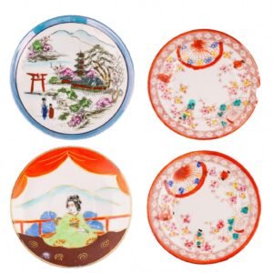 Japanese Porcelain Saucer Set Kutani Imari Arita Lady Child Meiji Period 19th C.