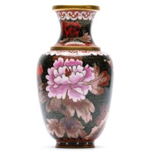 Chinese Cloisonne Vase Gilt Export Famille Noir Enamel Peony Flower Late 20C