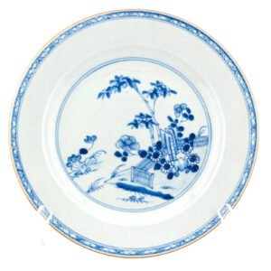 Chinese Qianlong Porcelain Plate Blue White Diaper Border Qing Period 18th C