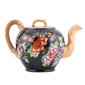 England Porcelain Teapot Cover Famille Noire Black Enamel Floral 19th Century