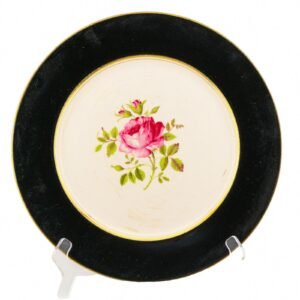 England Porcelain Plate Black Gilt Flower Rose Enamel Bristol Marked 1960's