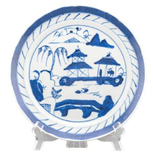 Chinese Export Porcelain Plate Blue White Canton Landscape Qing Period 19th C.