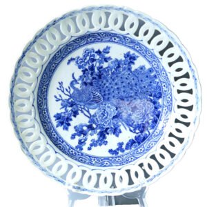 Japanese Porcelain Plate Blue White Peacock Reticulated Meiji Period 19th C.