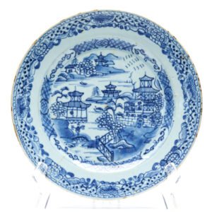Chinese Porcelain Plate Qianlong Blue White Pagoda Landscape Qing Dynasty 18C